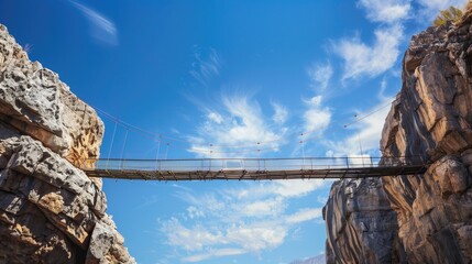 Fototapeta premium Bridging Business Challenges: Unity in Diversity. well-constructed bridge spans a dramatic gorge under a clear, expansive sky