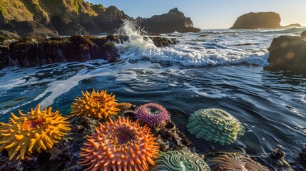 Colorful tide pool life at sunset with crashing waves and rocky shore
