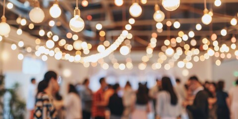 A defocused shot capturing the lively atmosphere of a social event with hanging lights and attendees.