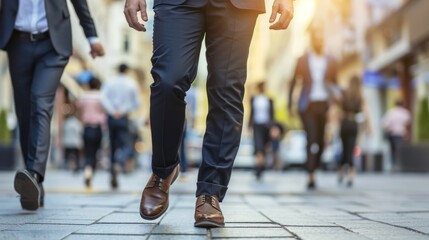 Fototapeta premium Close-up of businessmen's feet in motion on a bustling urban sidewalk during rush hour.