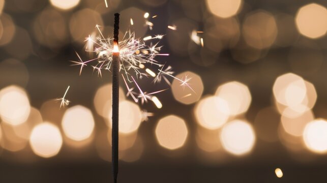 A close-up of a single sparkler, with its bright sparks contrasting against a blurred light background.