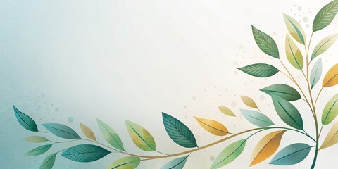 watercolor leaves in corner on white background with copy space for text.