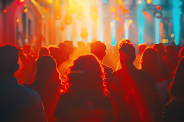 Silhouetted people against a backdrop of colorful stage lights at a live concert event