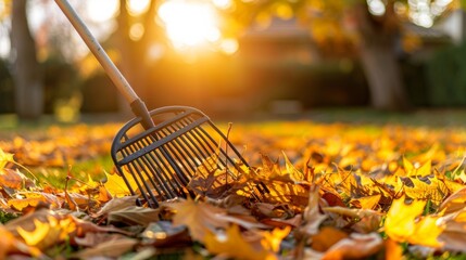 Garden rake and a pile of golden autumn leaves in a backyard during a beautiful sunset.