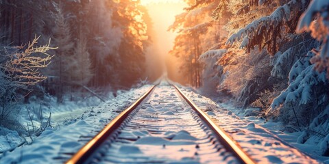 Winter sunset casting a warm glow on snow-covered railroad tracks through a forest. - Powered by Adobe