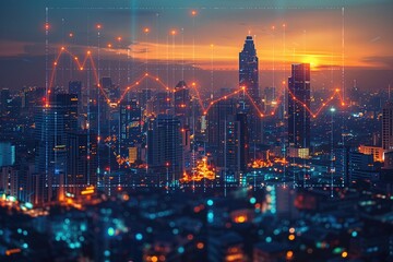 Obraz premium Against a backdrop of a city skyline, a graph climbs steadily upwards, representing the thriving economy and business growth 
