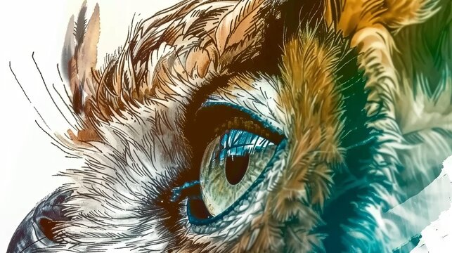 Close-up artistic illustration of a vibrant owl eye representing totem animal spirits