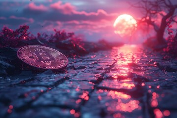 big bitcoin coin in the horizon, sun rise reflect, hundred of people around. crypto currency concept