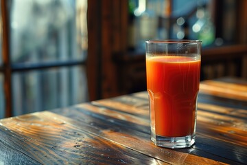 Tomatoes with a glass of tomato juice on a wooden background