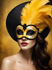 A woman in a carnival mask, yellow and black generative AI illustration