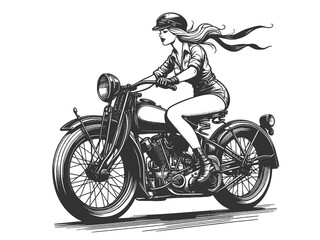 retro biker woman with flowing hair, riding classic motorcycle with focused gaze sketch engraving generative ai fictional character raster illustration. Scratch board imitation. Black and white image