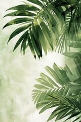 Simplified palm leaves gently swaying in the breeze against a soft grey abstract background, creating a sense of movement and tranquility.
