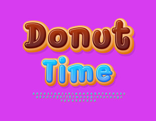 Vector tasty advertisement Donut Time. Sweet Cake Font. Playful creative Alphabet Letters and Numbers set.