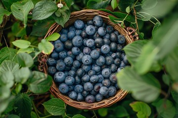 A backdrop composed of a green nature shrub with blueberries and ripe blueberries enclosed in a wicker basket lovely combo and space, Generative AI.