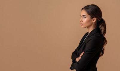 Young beautiful brunette business woman over isolated brown background looking to side