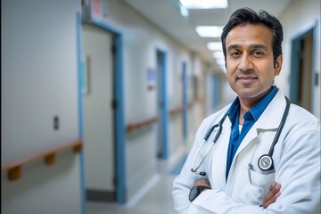 Portrait of happy friendly male Indian doctor medical worker wearing white coat with stethoscope standing in modern clinic