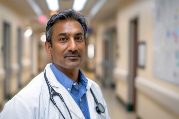 Indian doctor with stethoscope around neck in the hospital