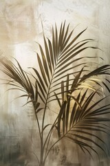 Sleek metallic palm fronds against abstract watercolor backdrop, elegant wall art decor