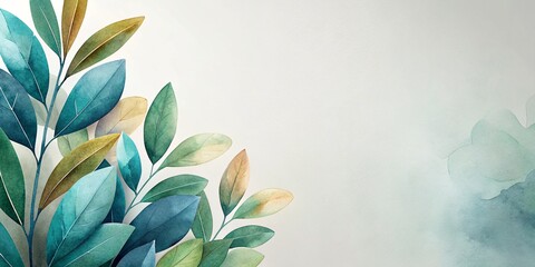 watercolor leaves in corner on white background with copy space for text.