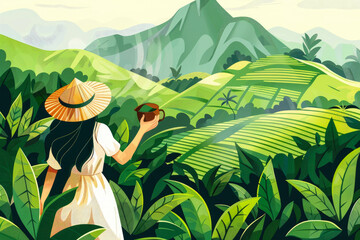 tea plantation, a Chinese woman collects tea leaves at the Big Tea Plantation. in the form of vector illustration