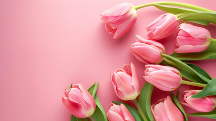 Obraz premium Beautiful composition spring flowers. Bouquet of pink tulips flowers on pastel pink background. Valentine's Day, Easter, Birthday, Happy Women's Day, Mother's Day. Flat lay, top view, copy space