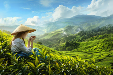 tea plantation, a Chinese woman collects tea leaves at the Big Tea Plantation.