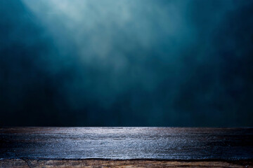 Rustic Wooden Table Surface with Misty Dark Blue Background.