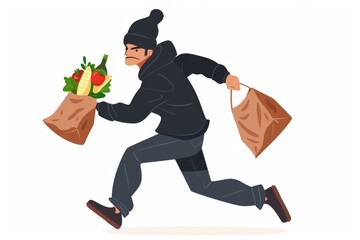 A thief dropping a bag of stolen groceries in a dramatic illustration.