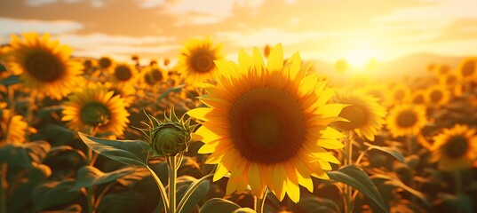 Obraz premium Sunset Glow: A Close-Up Portrait of Sunflowers Basking in the Golden Hour's Radiance