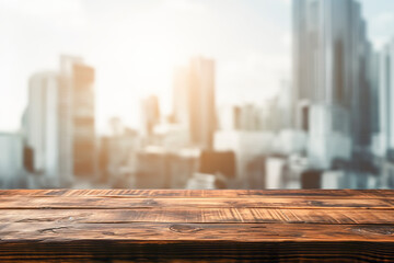 Wooden Table Top With Blurred City Background