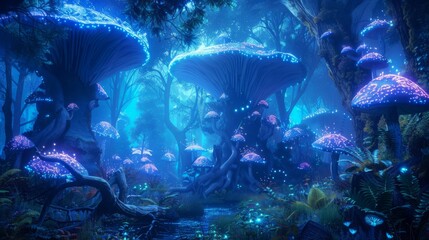An electric blue underwater reef filled with marine biology in the darkness
