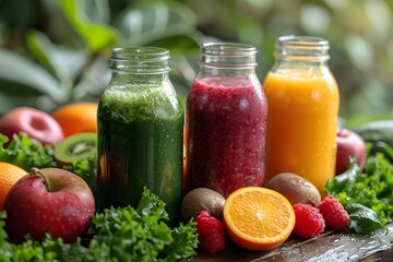 Colorful Fresh Fruit Smoothies in Glass Jars Amidst Lush Greenery