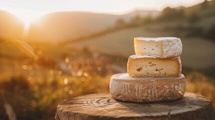 different types of cheese on the background of nature. selective focus