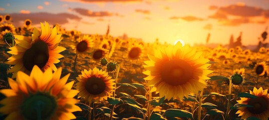 Sunset Glow: A Close-Up Portrait of Sunflowers Basking in the Golden Hour's Radiance