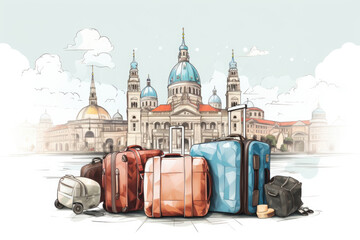 Traveling the world doodle sketch style illustration. Suitcases against the backdrop of landmarks. Tourism concept