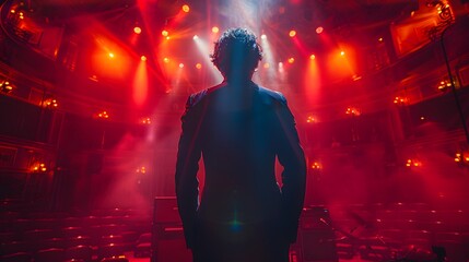 the elegant silhouette of a handsome singer commanding the stage, his silhouette bathed in the enchanting glow of vibrant spotlights, as he delivers a soul-stirring performance