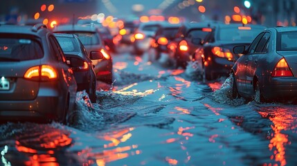 Flooded motorway with cars stranded in a traffic restrictions at nightfall while embodying lights a notion of environment issue and space, Generative AI.
