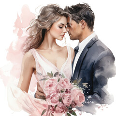 Young heterosexual couple hugging watercolor illustration. Wedding image of man and woman. Man in suit hugs girl in pink dress in bouquet of flowers