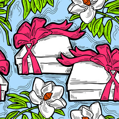 Gift box, ribbon and flowers seamless vector pattern for wrapping present with bow, party celebration, sale promotion, Textile print, fabric design, banner background. Hand drawn style illustration.