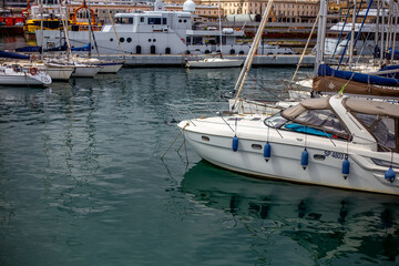 Fototapeta premium Old Port Antico of Genoa with yachts and boats. Genoa, Liguria, Italy 26.04.2024