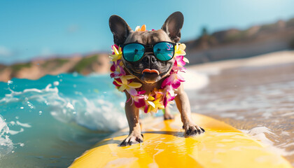Surf's Pup! French Bulldog Riding Waves with Flower Lei and Sunglasses
