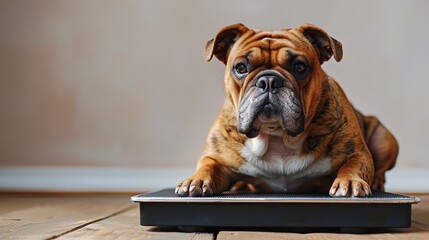 A sweet, overweight dog with an agitated gaze stands over a scale over a wooden floor over a white backdrop to assess its weight and space, Generative AI.