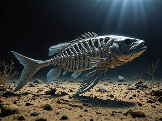Skeleton fish under water, with dark background.