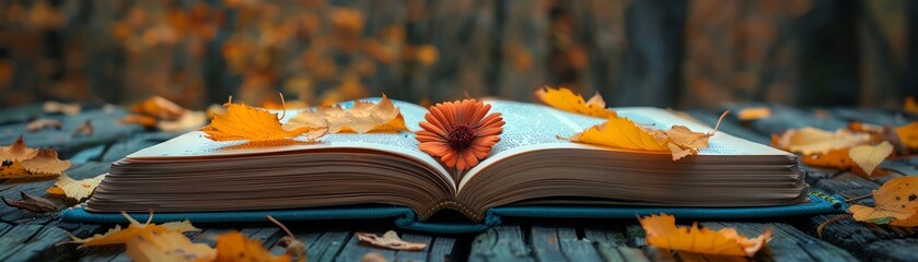 An open book with a flower bookmark on a wooden table with autumn leaves