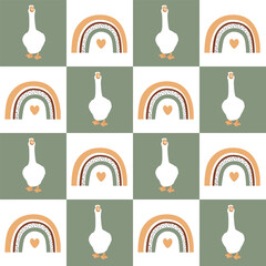 Seamless pattern with cartoon geese and rainbows on checkerboard background. Colorful nursery design for fabric, print, wallpapers. Vector illustration.