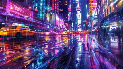 a painting of a city street at night with a yellow taxi driving down it