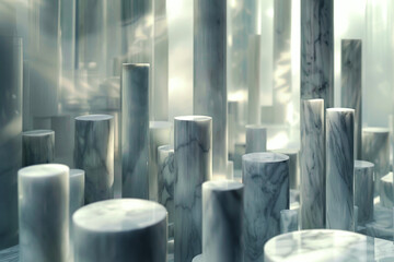 Visualize an abstract cityscape constructed from cool-toned marble cylinders, with soft shadows and highlights to evoke a serene metropolitan dawn Marble Pillar Forest
