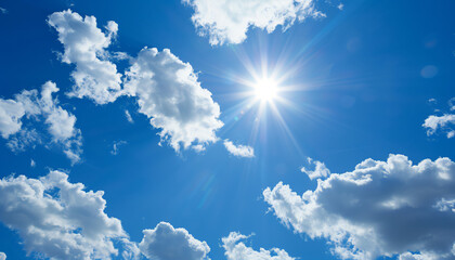 Radiant Sunshine Bursting through Scattered Clouds in a Deep Blue Sky
