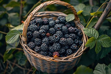 A backdrop composed of a green nature shrub with blackberries and ripe blackberries enclosed in a wicker basket lovely taste and space, Generative AI.