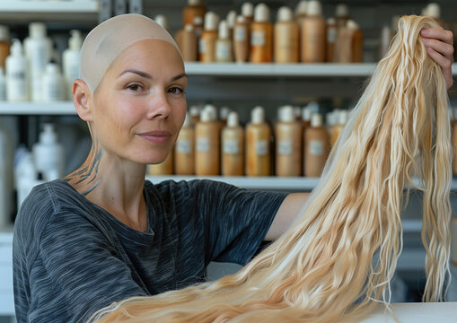 Mujer joven calva por tratamiento con quimioterapia por c&aacute;ncer de mama, mirando una peluca, proceso de adaptaci&oacute;n, peluquer&iacute;a con fines solidarios, atenci&oacute;n personalizada. Digna con esp&iacute;ritu luchador